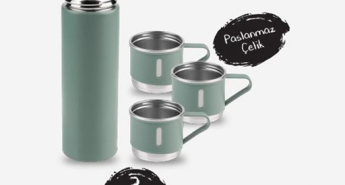 BİM De:! Satılan Paslanmaz Çelik Termos Sızdırmaz 3 Bardaklı Termos Seti 12 Saat Sıcak-Soğuk 500 ml Özel Kutulu